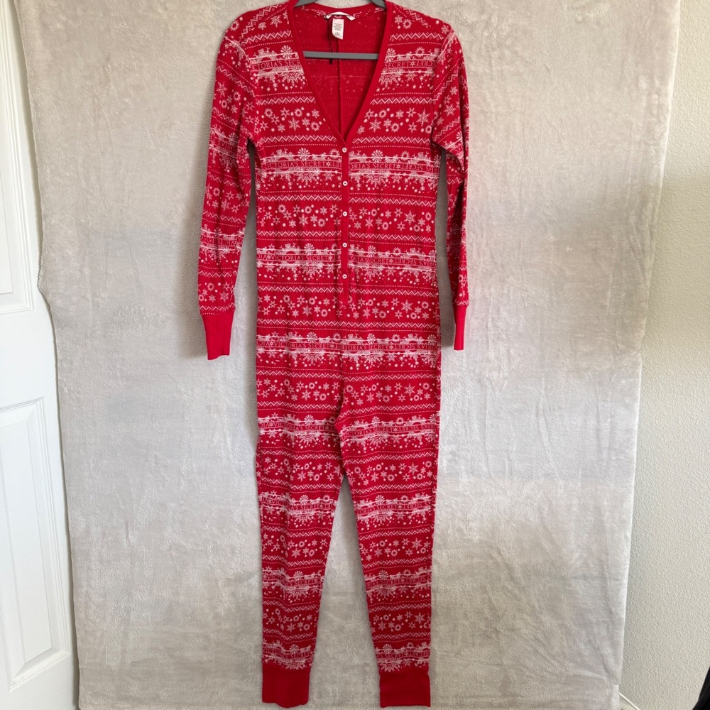 Victorias Secret Red Snowflake Fair Isle Thermal Pajama Romper Jumpsuit Medium